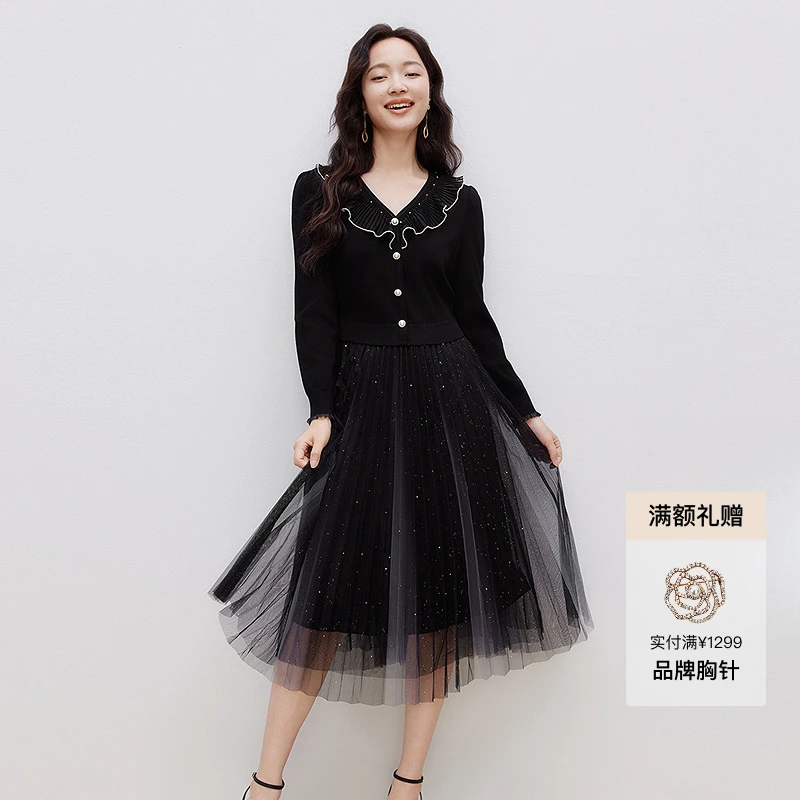 【一秒入秋】珂莱蒂尔显瘦裙子蕾丝气质长袖洋气时尚黑色长款连衣