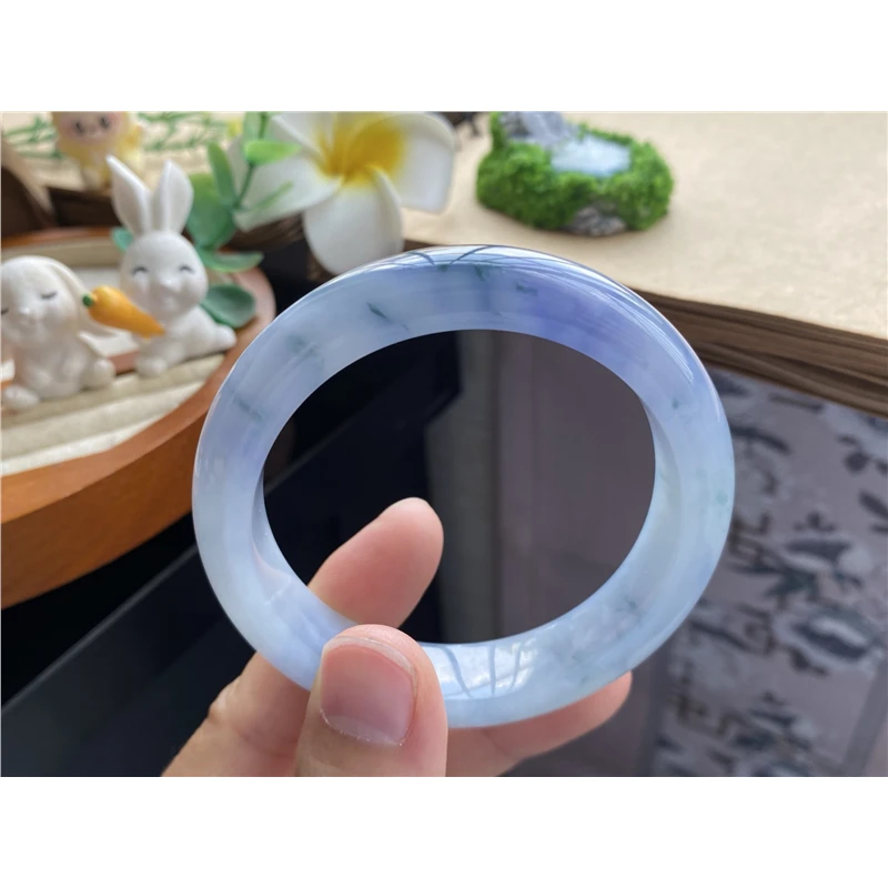 天然翡翠804批次冰紫飘花圆条6420号54-12.5-8.4天然翡翠手镯