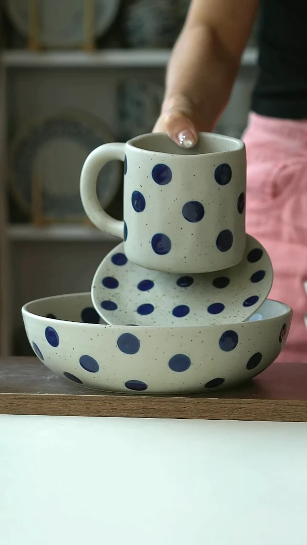 粗陶手绘蓝宝石深盘20cm+马克杯420ml+甜品盘14cm@7-7@