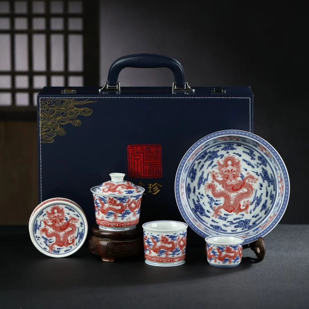 景德镇陶瓷手工高温瓷瓷釉下彩高端送人送礼矾红九五至尊五件套装
