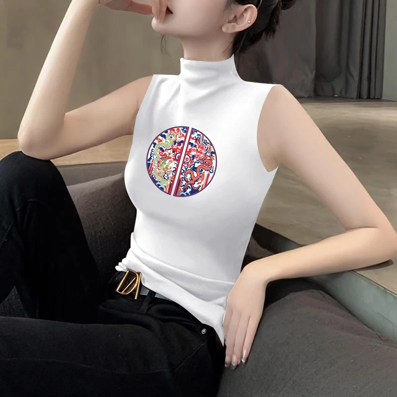 莫代尔无袖背心女春夏外穿小众百搭半高领印花t恤上衣ins潮独特