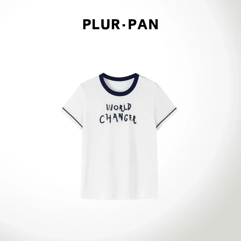 PLUR·PAN新款撞色小众字母显瘦短袖T恤