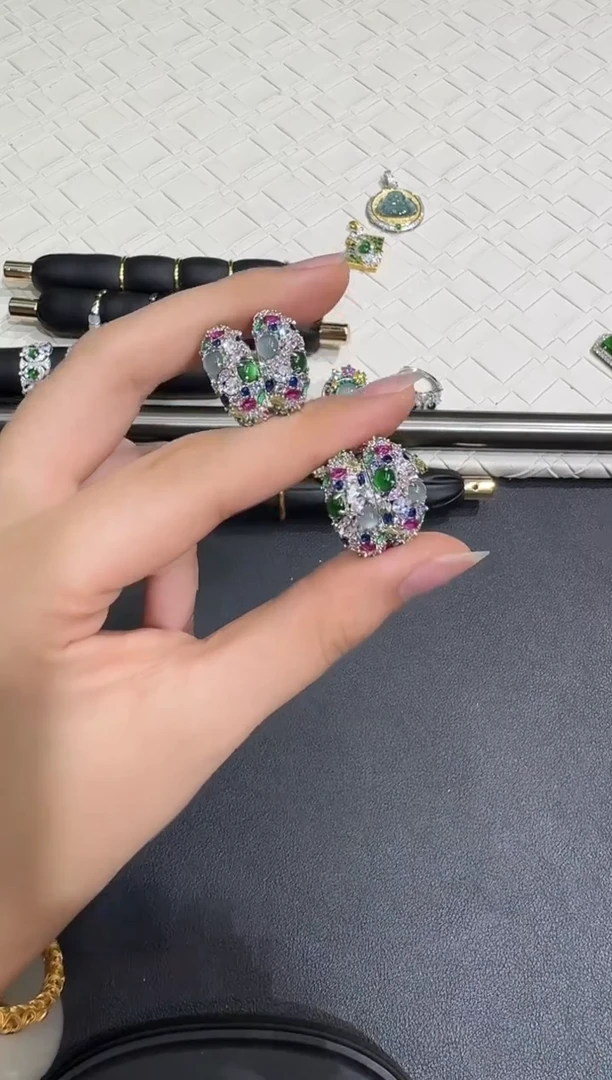 翡翠银S925镶嵌耳饰X0812-1822-530多样性一对