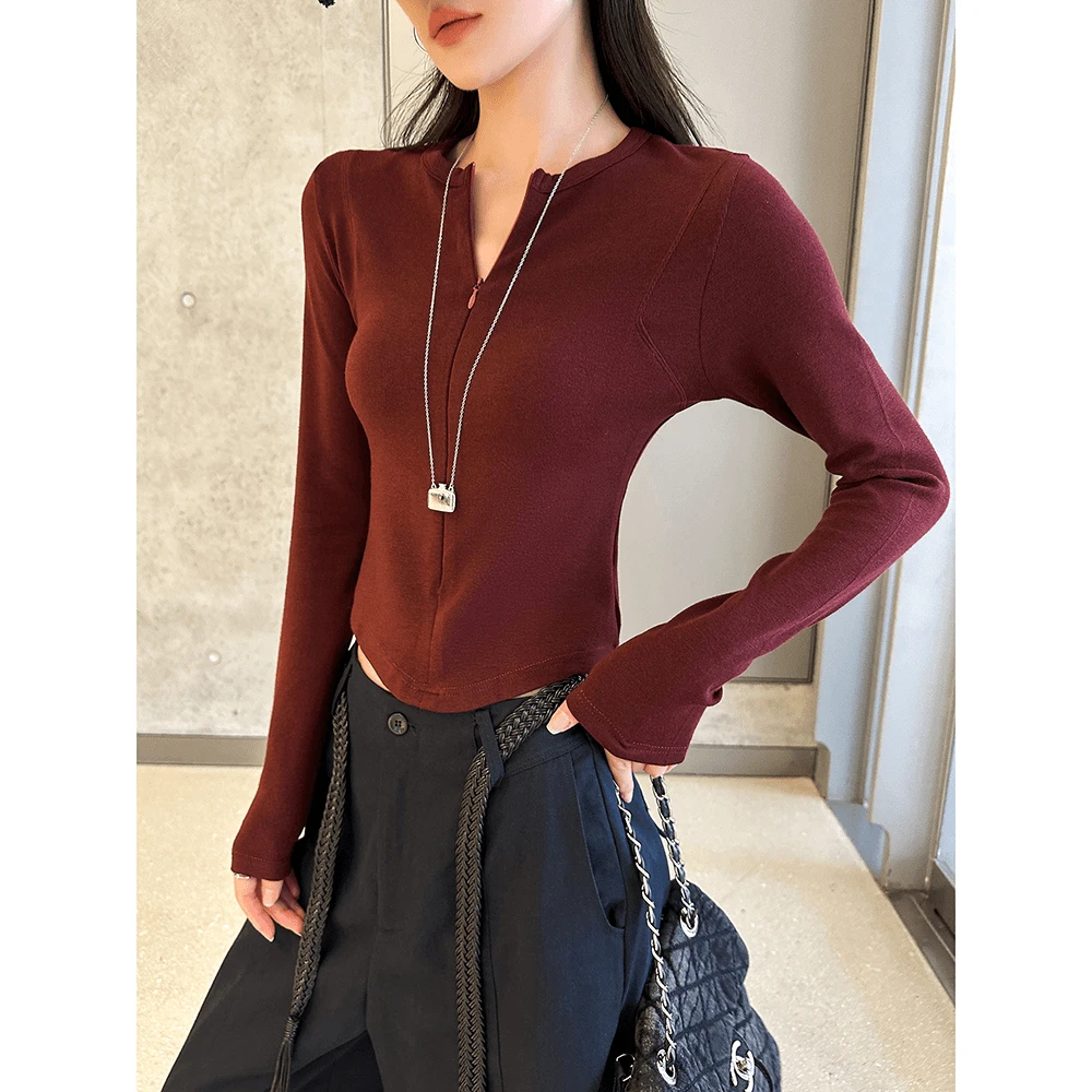 长袖T恤女秋季2025新款拉链设计感打底衫修身显瘦V领百搭初秋上衣