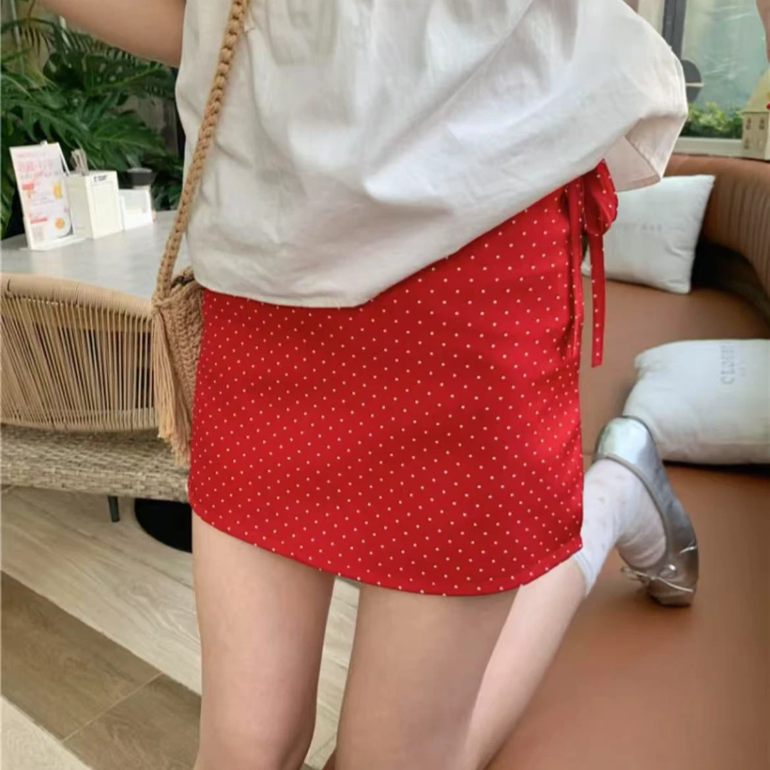 WEIMI#[DY0059]韩系高腰短裙女波点半身裙时尚休闲抽绳