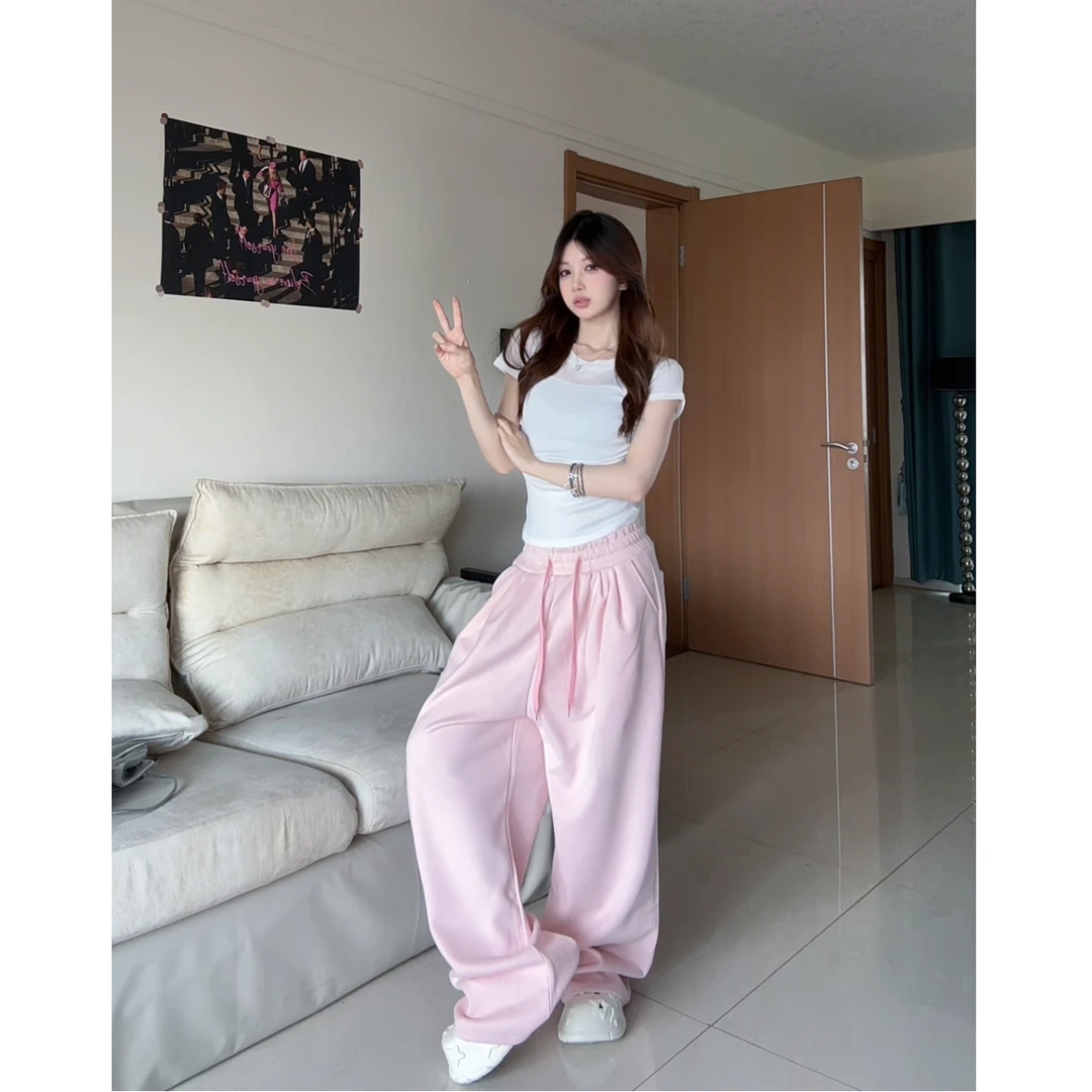 ACUN品牌松弛感粉色卫裤女休闲慵懒宽松直筒裤子百搭阔腿拖地裤