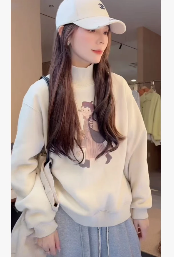 加绒重磅 冬款高领加绒高领加厚百搭休闲印花套头卫衣