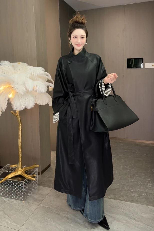 【金属丝蛋白皮-长】2025秋新款廓形咖啡糖风衣105褶皱肌理皮衣外套