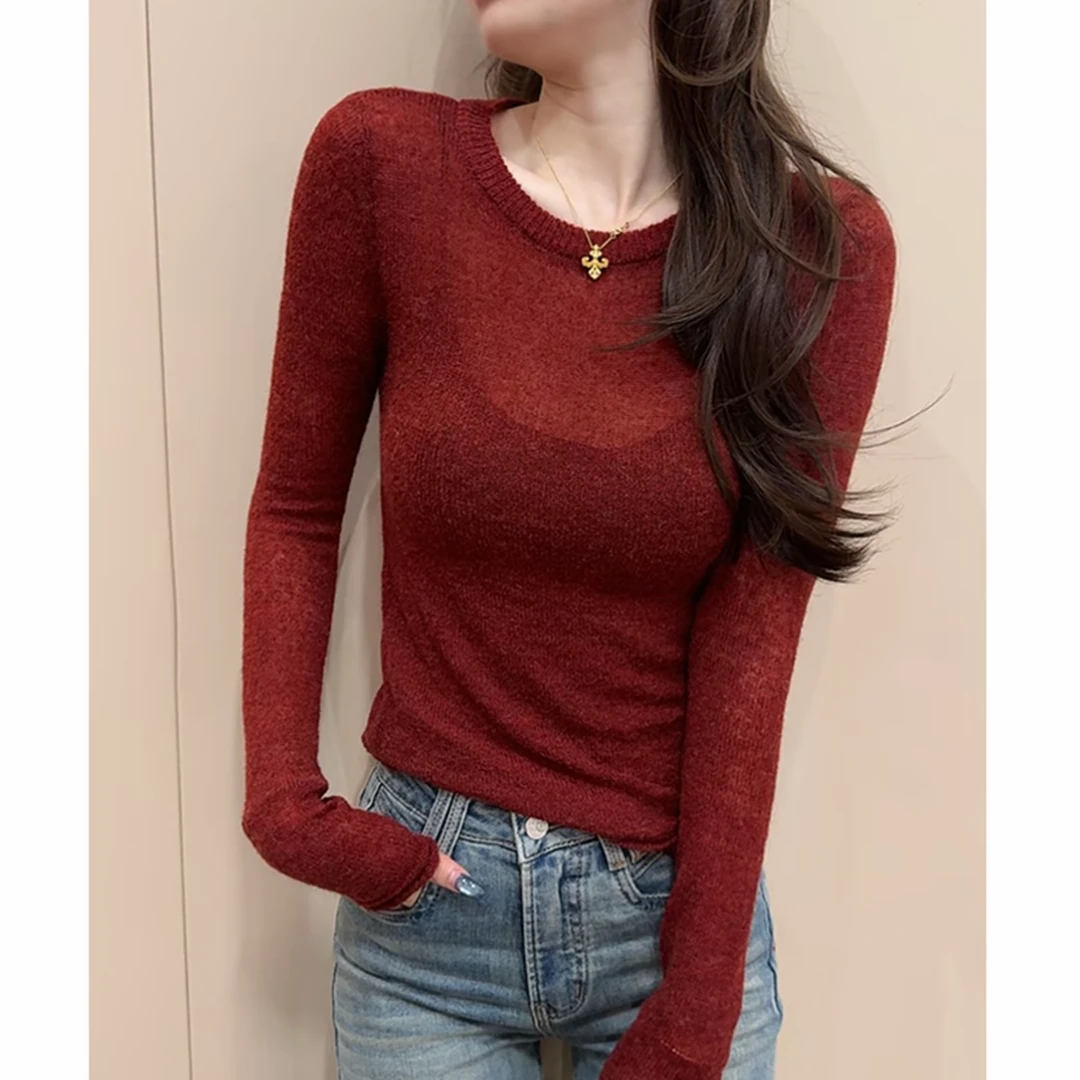 高级感性感显瘦身材马海毛毛衣女秋冬圆领长袖打底针织衫时尚百搭