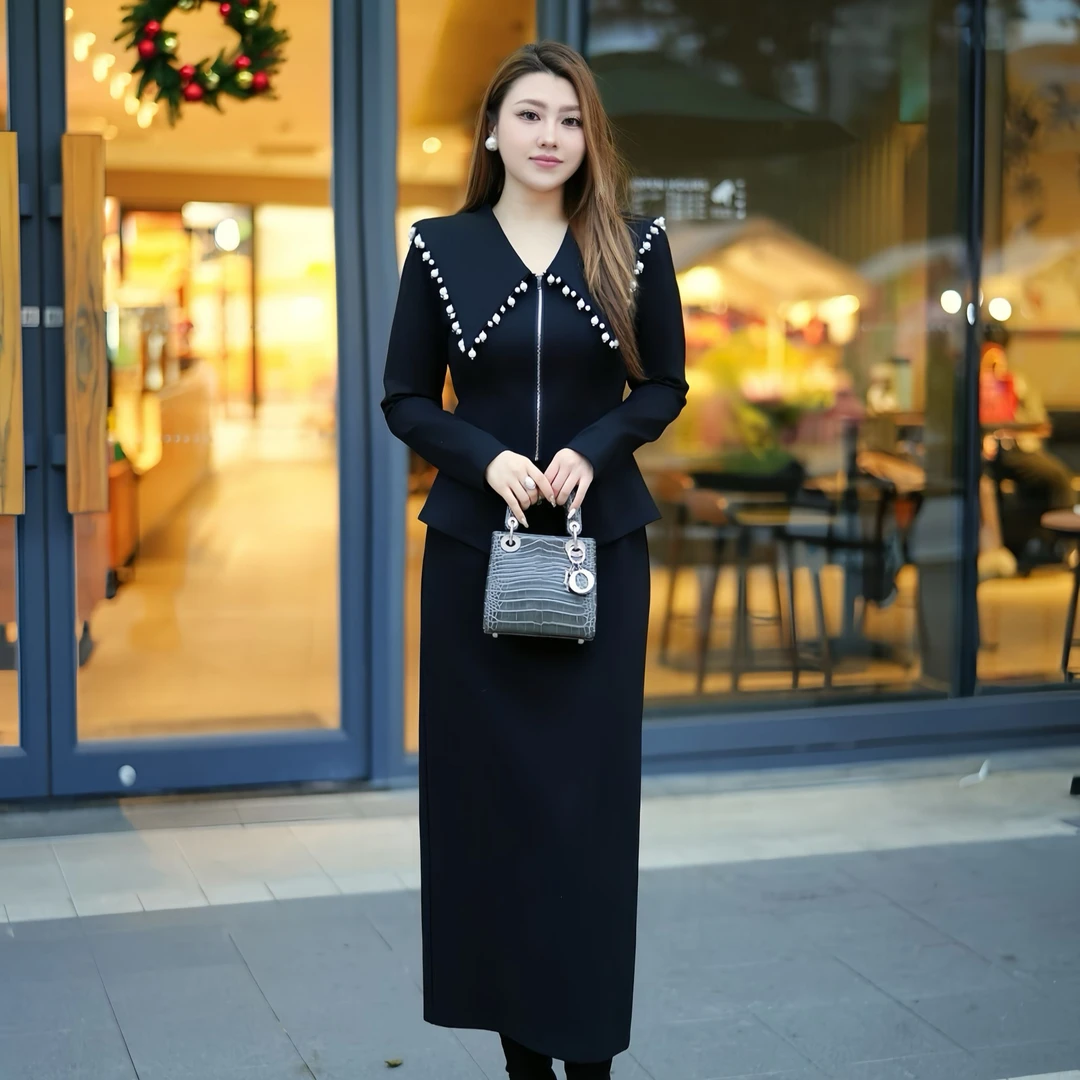 XYD71401/XYD71349气质珍珠边翻领显瘦套装大码女装两件套