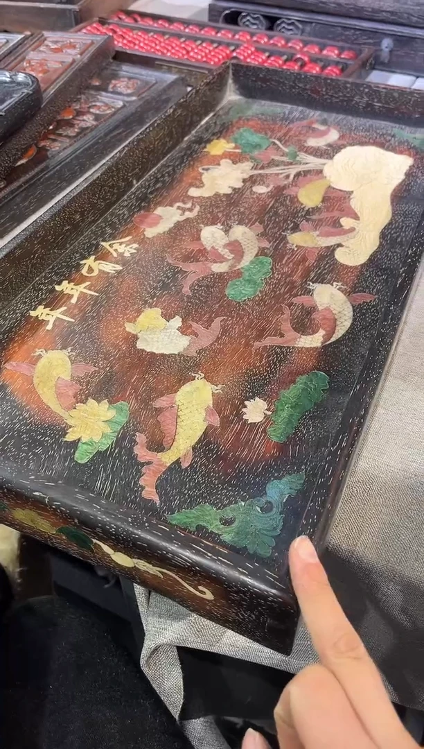 檀香紫檀（小叶紫檀）军**球紫檀镶嵌年年有鱼茶海