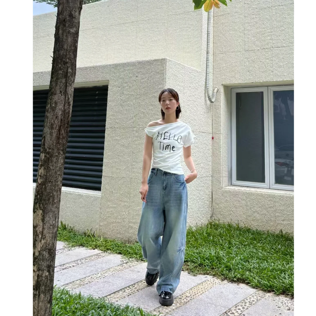 猫猫加长女裤高个子复古弯刀牛仔裤57062