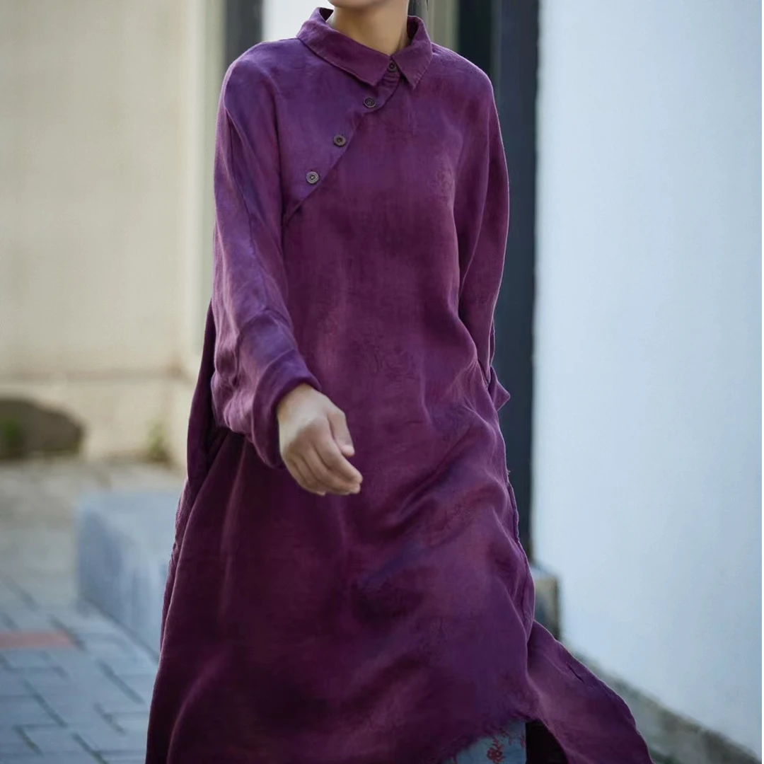 麻依者24秋季新款亚麻提花袍子文艺复古时尚百搭潮流植物染1286