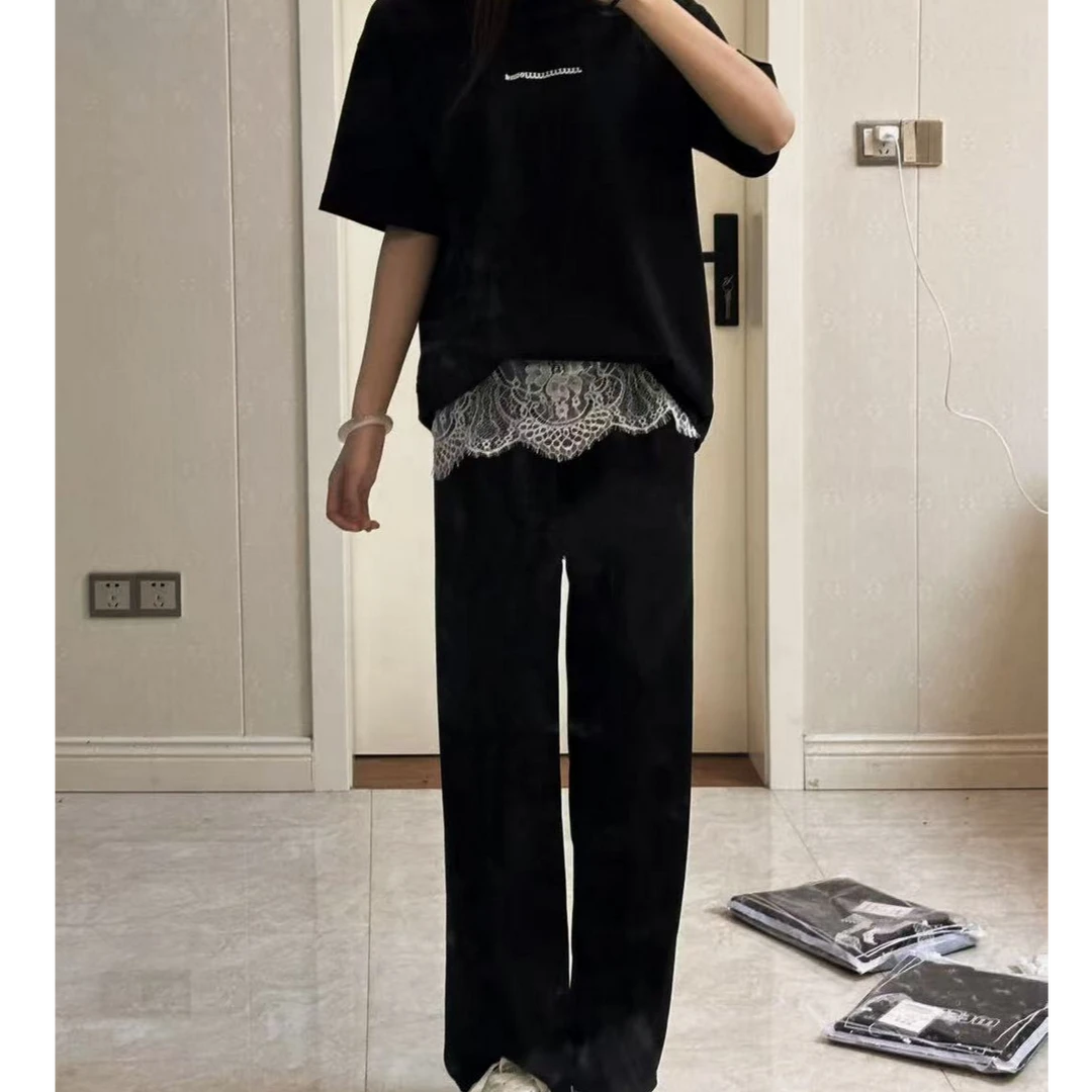 蕾丝拼接松紧腰休闲裤女2025新款韩版通勤百搭阔腿卫裤潮