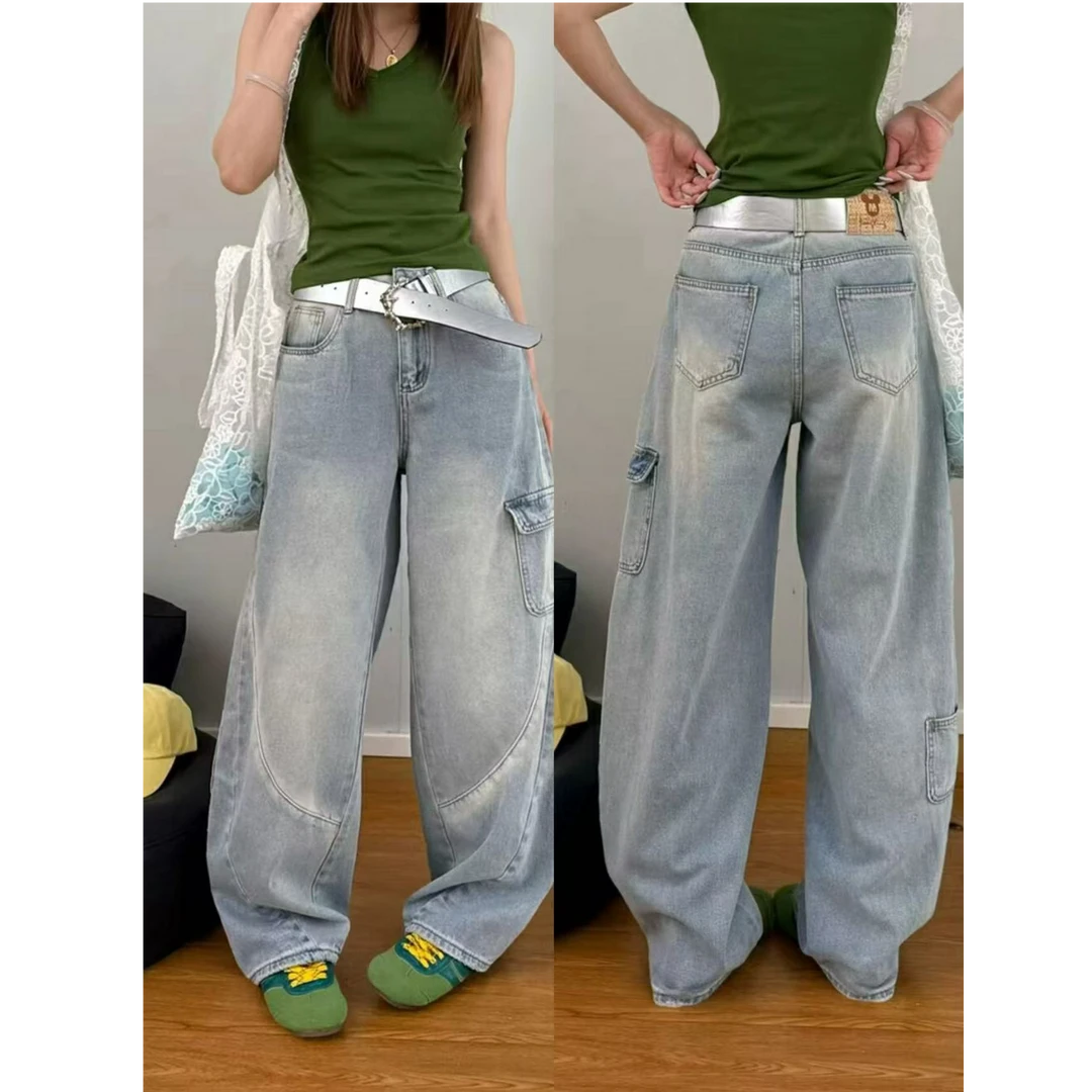 十三行白白-新款工装系浅色水洗牛仔弯刀裤#6236