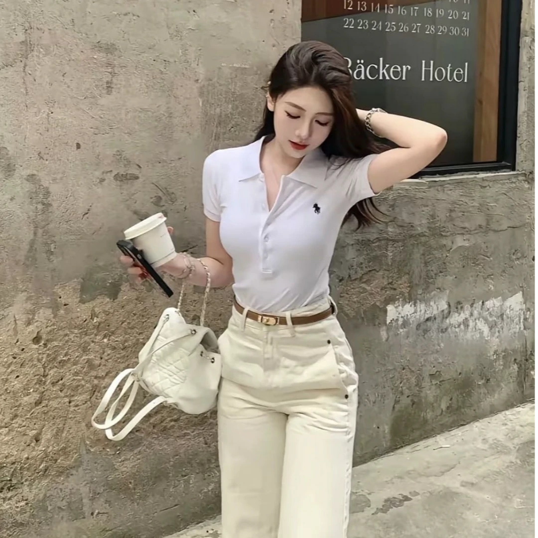 小马家 经典时尚 百搭 刺绣小马标POLO领五粒扣女款短袖夏季休闲