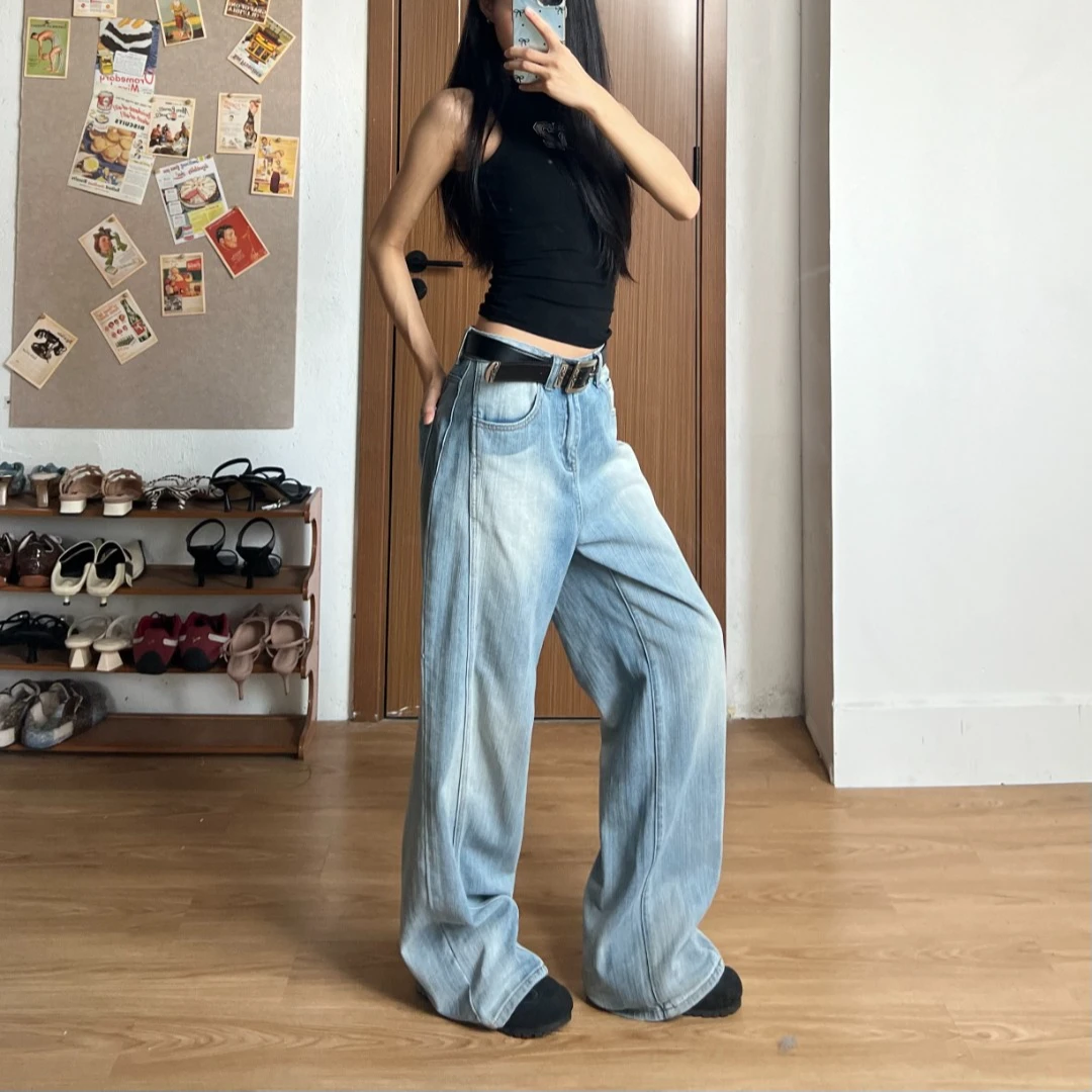 女款新款裤子秋季爆款简约中低腰阔腿裤子垂感宽松显瘦直筒牛仔裤