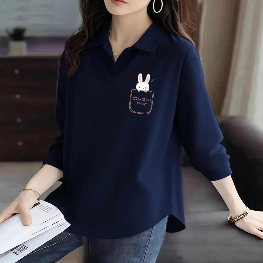 棉大码春秋休闲长袖POLO衫女胖MM宽松显瘦洋气减龄翻领打底T恤潮