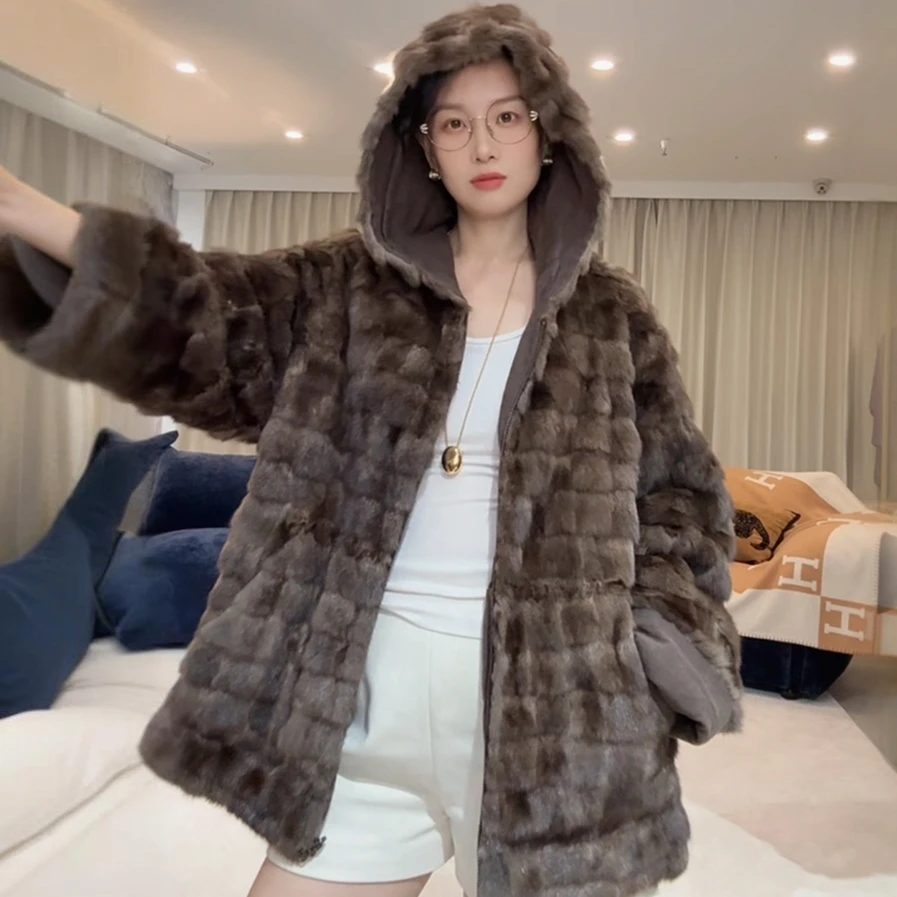 诺谰 紫貂毛配汉麻两面穿皮草外套 2025连帽貂皮大衣中长款25058