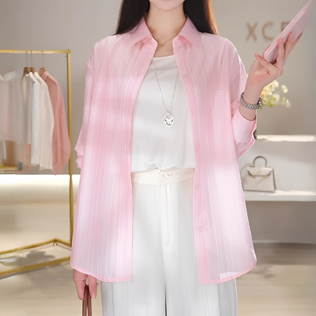 慵懒风纯色休闲大码防晒衬衫女2025夏季新款韩系宽松显瘦轻薄上衣