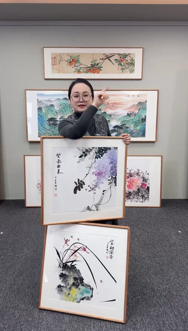 国画紫藤花60*60+兰花兰草60*60一对