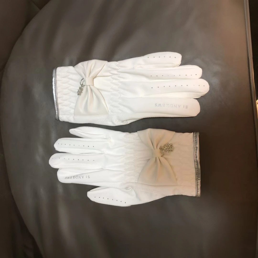 训练ST家女款高尔夫PU手套舒适/蝴蝶结白色防滑耐磨/运动双手手套