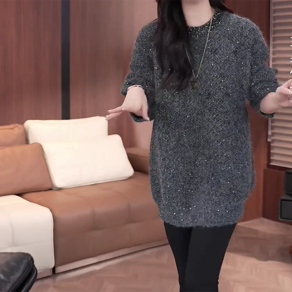 新款小众设计感领口亮片套头毛衣女冬季显瘦时尚针织衫慵懒风百搭
