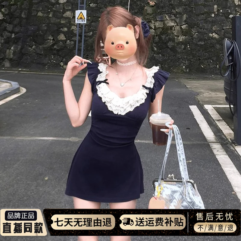 法式蕾丝飞飞袖连衣裙女夏季2025新款小个子高级感无袖吊带短裙子