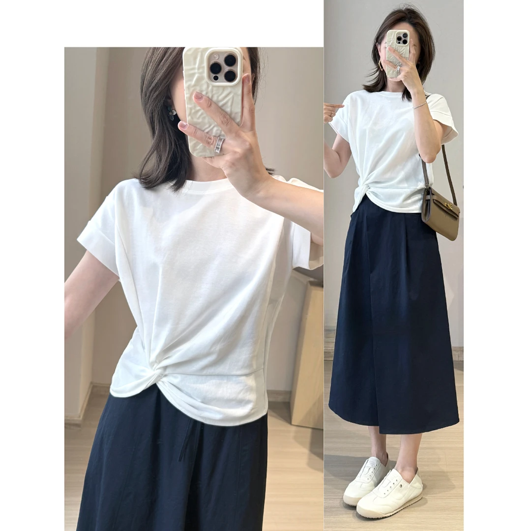 白色设计感扭结短袖T恤女2025新款夏季显瘦洋气短款收腰小众上衣