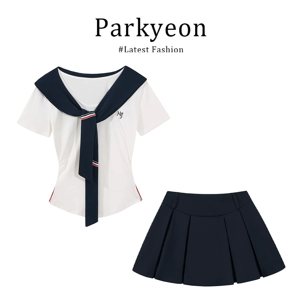 parkyeon学院风套装女2025夏季披肩修身短袖上衣百褶a字短裙套装