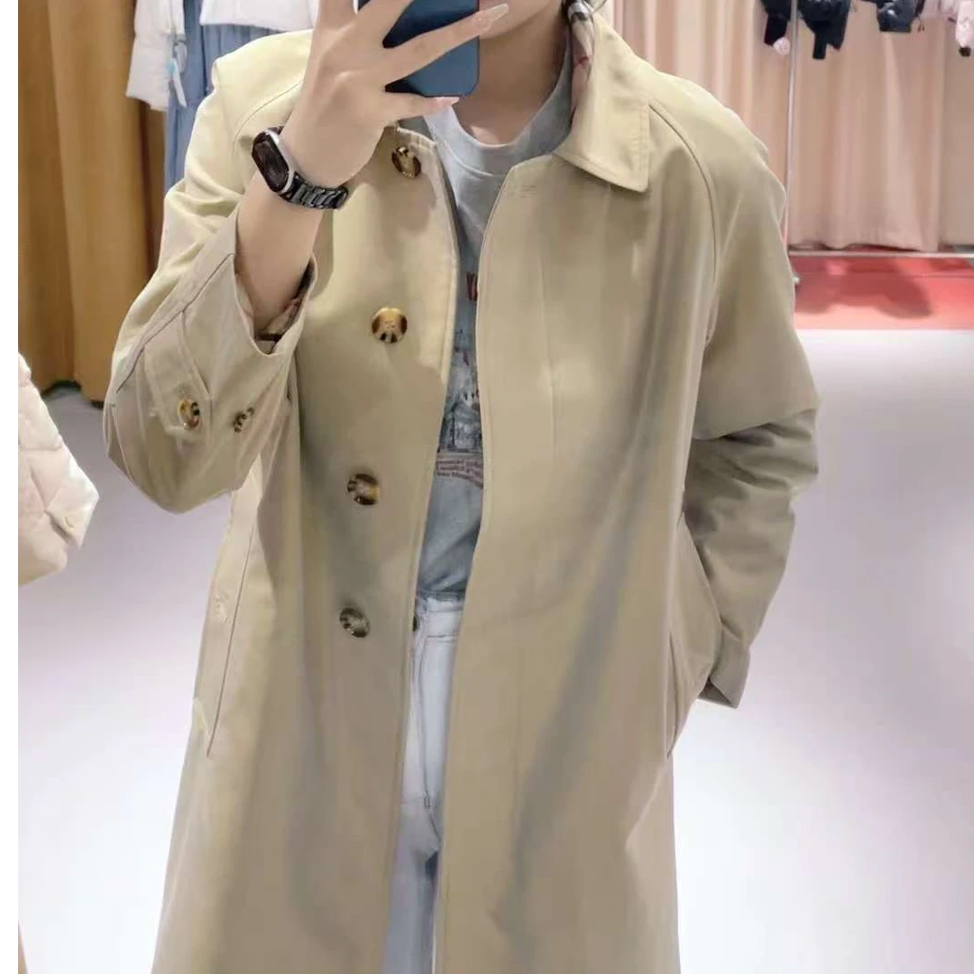 2025早春新款插肩袖英伦风时尚单品polo领单排扣长款女风衣