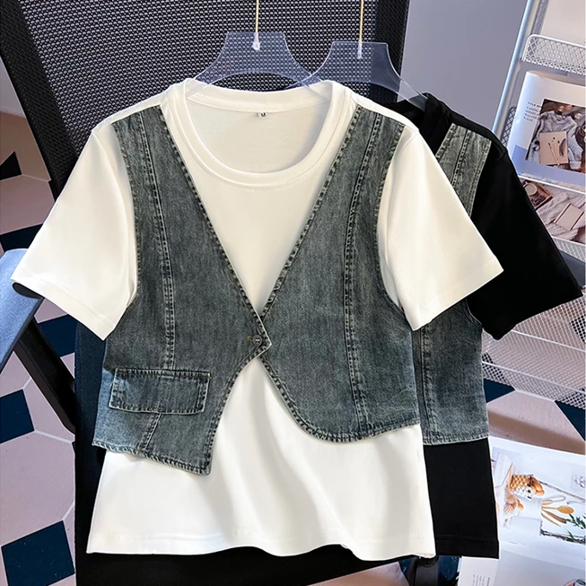 牛仔拼接假两件短袖t恤女2025夏新款设计感时尚百搭显瘦休闲上衣