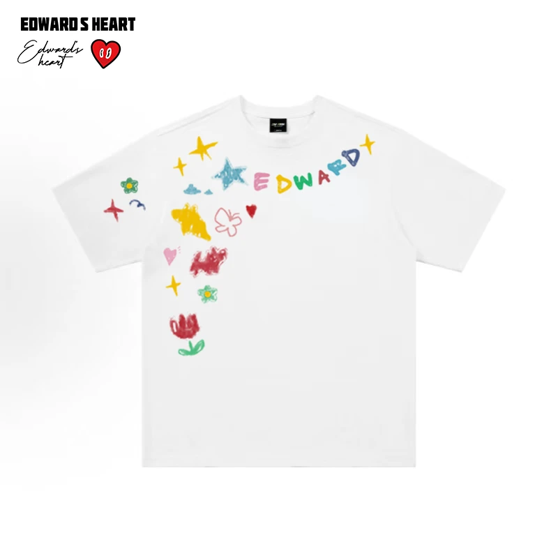 爱德华桃心短袖纯棉夏季卡通印花T恤时尚洋气百搭半袖宽松圆领t桖
