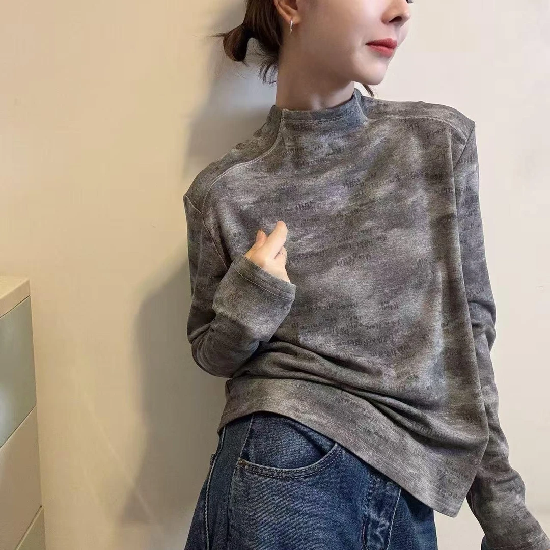 秋冬新款加绒时尚复古字母印花半高领长袖T恤女显瘦上衣保暖打底