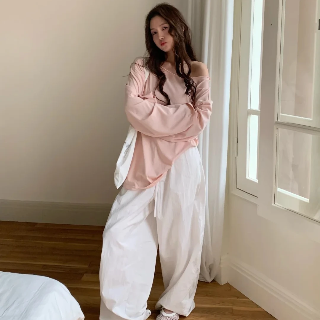 性感辣妹设计感长袖上衣外穿露背纯欲风上衣宽松阔腿长裤两件套女