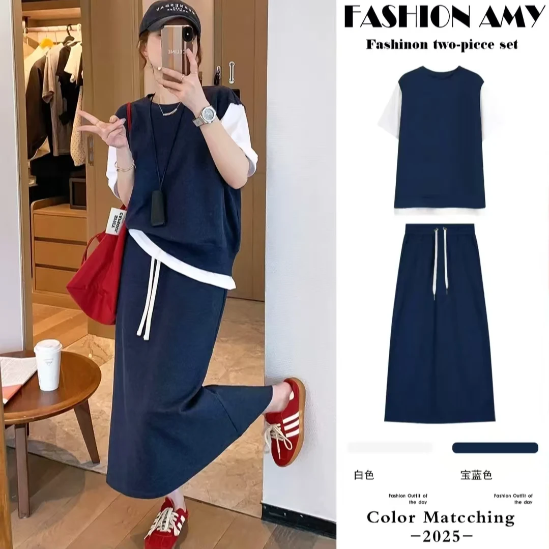 孕妇装夏季新款时尚休闲运动假两件拼接短袖上衣显瘦半身裙两件套