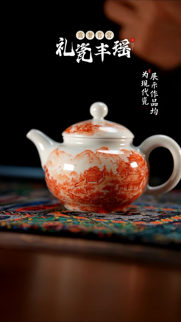 丰瑶陶瓷矾红山水亭台楼阁壶