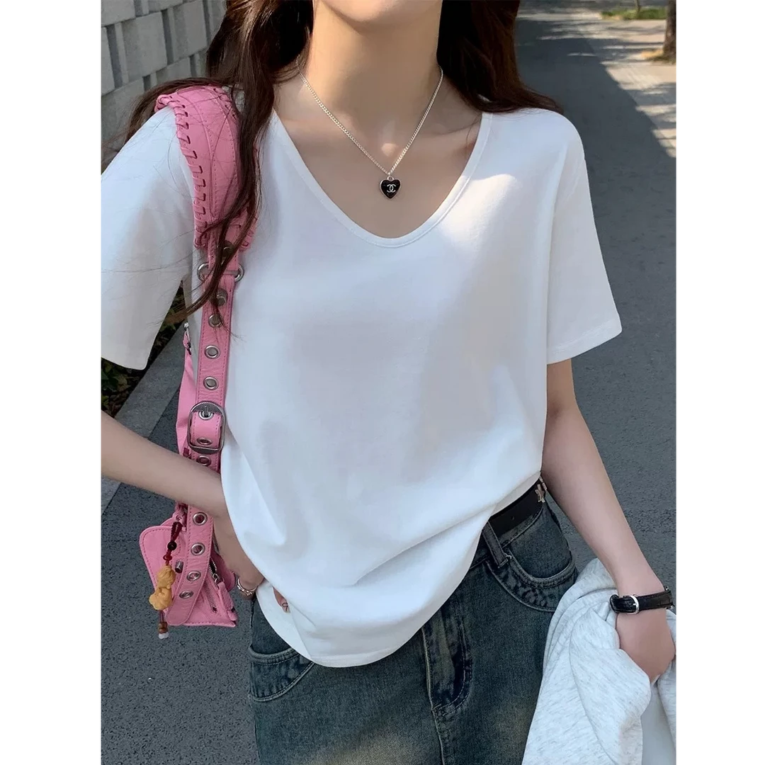 2025夏季新款纯色白色大v领宽松慵懒感弹力短袖t恤女宽松体恤上衣