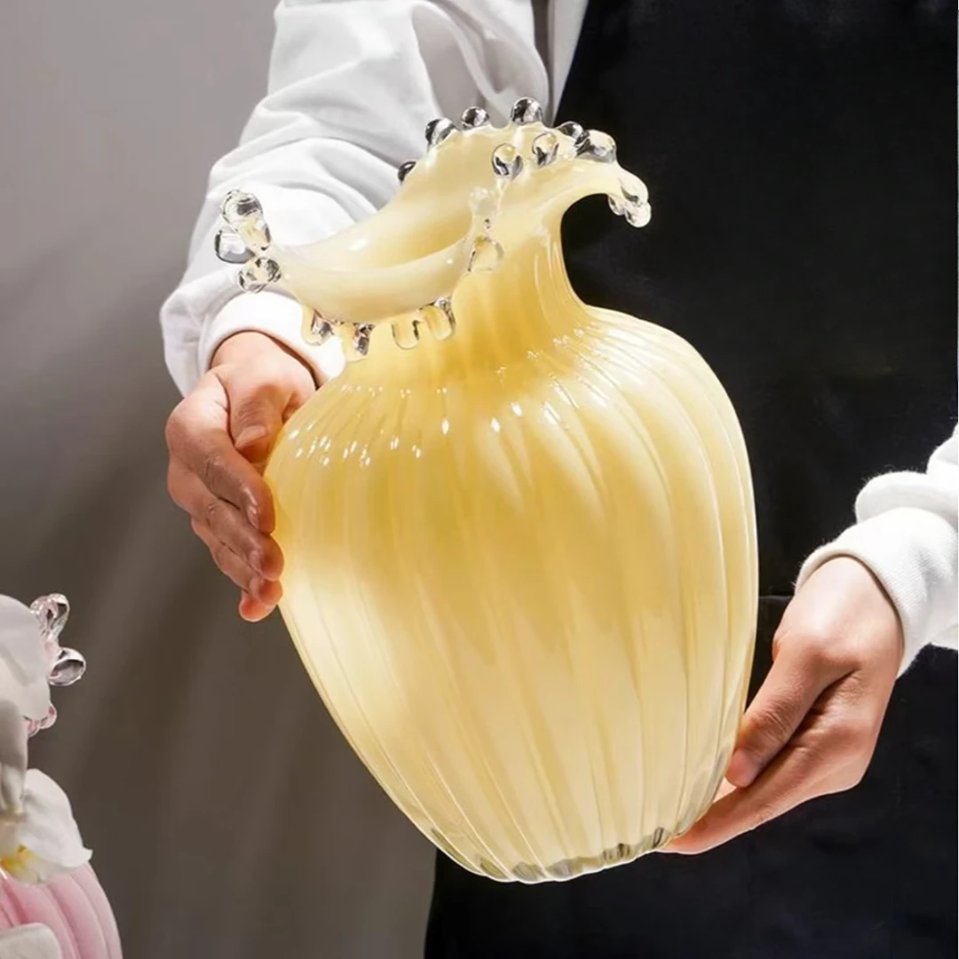 浪花奶色花瓶摆件现代冷纹透明玻璃花瓶装饰客厅家居摆件