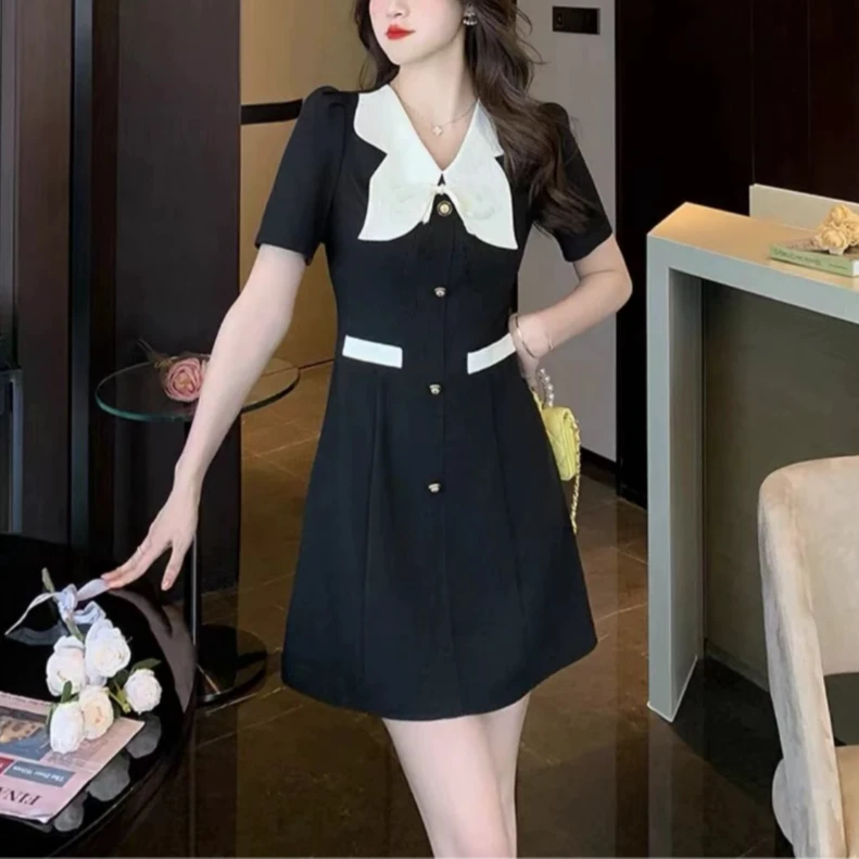 L065通勤小香风夏季拼接娃娃领连衣裙显瘦赫本风气质女装时尚减龄