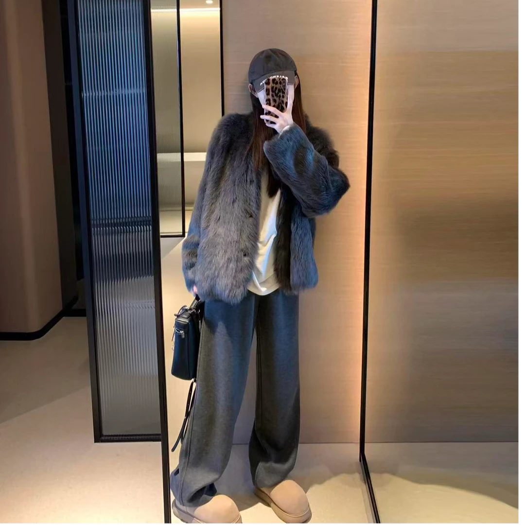 冬季新款仿狐狸毛立领保暖宽松短款毛毛外套女休闲裤套装