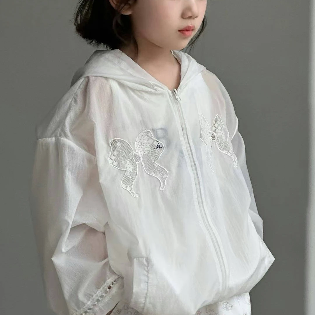 熙爱2025夏季中大女童蕾丝镂空户外运动透款登山防晒服外套26011