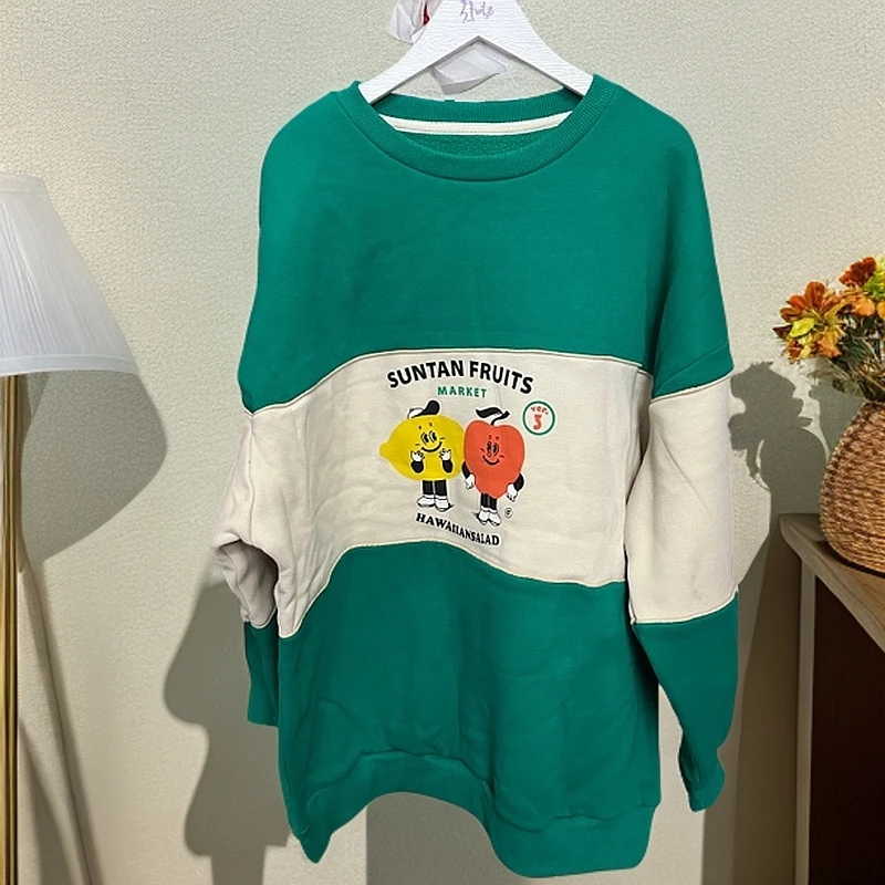 1537冬季不起球卫衣绿色长袖春款春季春秋卡通韩版拼接印花