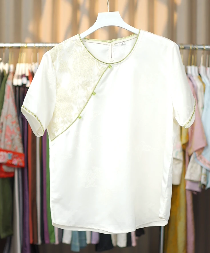 原创新中式圆领常规植物花卉衬衫斜襟刺绣上衣中国风印花0057
