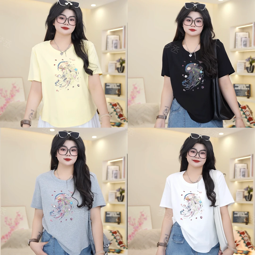 梦丞【海的印迹】大码女装宽松小众百搭加宽微胖短袖洋气T恤女
