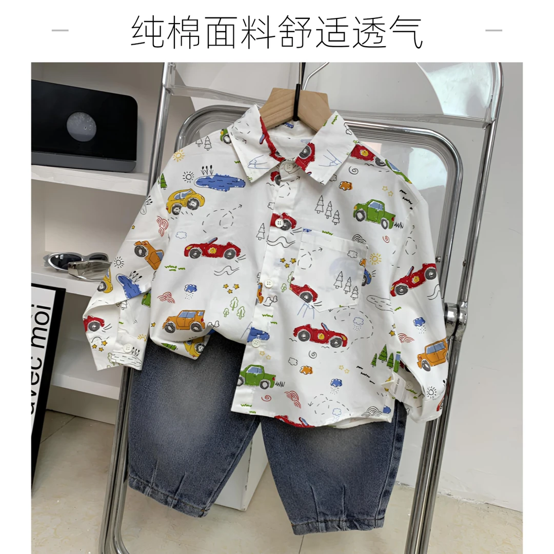 儿童韩系卡通衬衫男童春秋款韩版长袖衬衣潮童时尚可爱秋装上衣潮