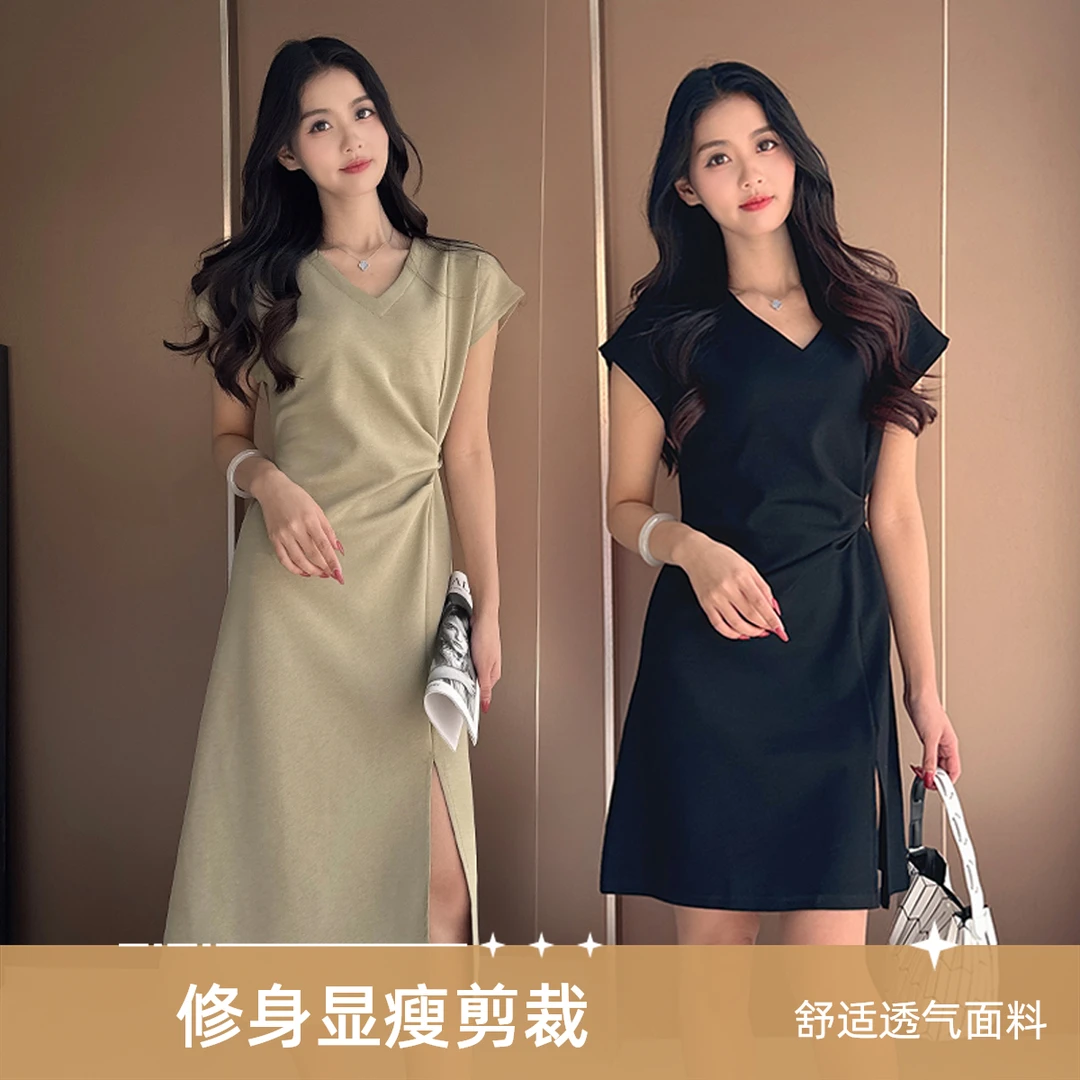 小个子连衣裙女法式短裙V领显瘦修身裙子褶皱系带遮肉小黑裙A字裙