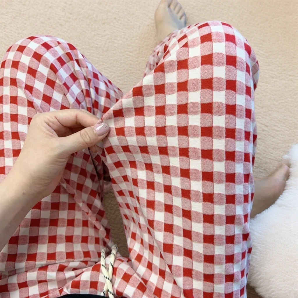 秋冬加厚双面德绒家居裤格子韩版宽松休闲裤子可外穿遛弯格子睡裤