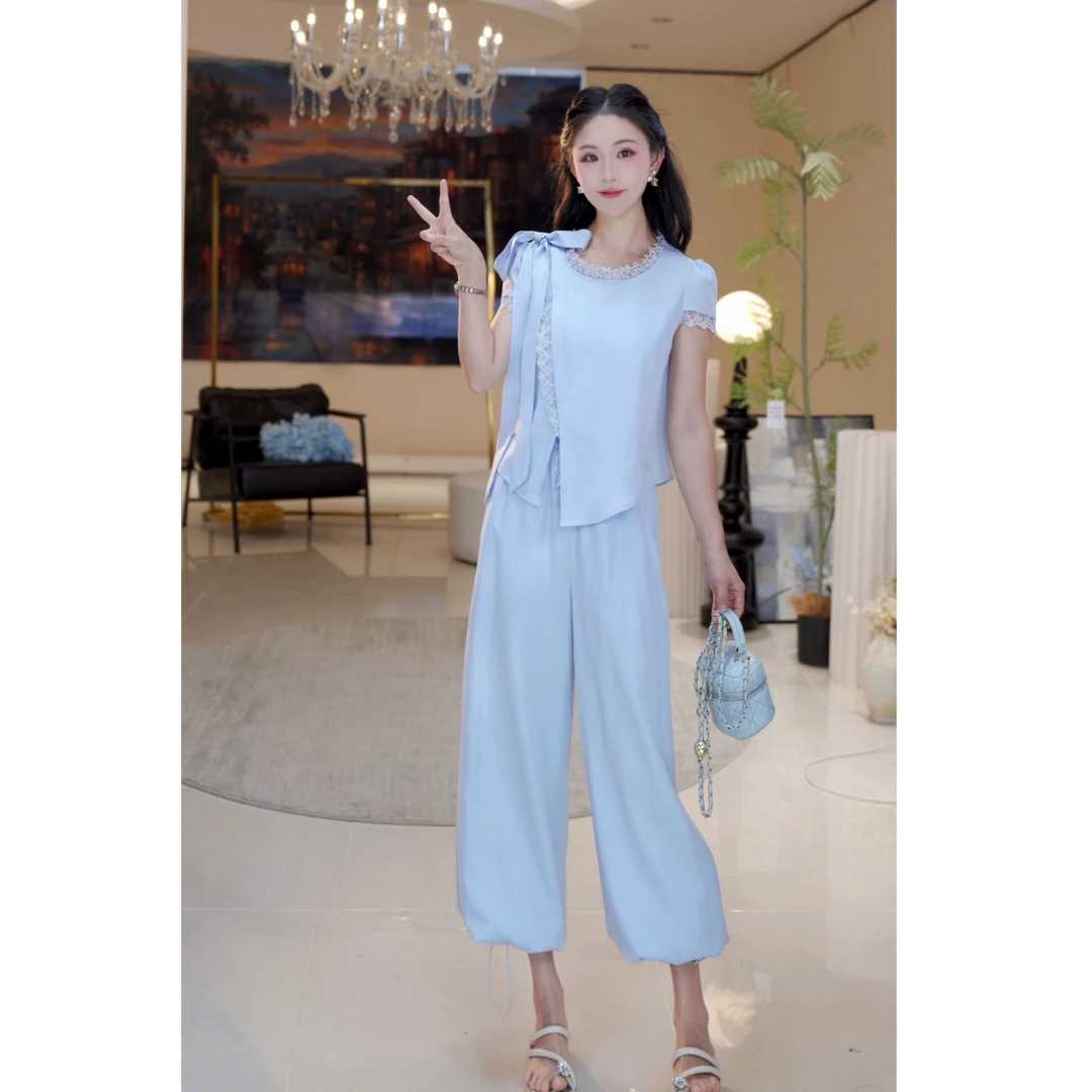 【北栀】618休闲蕾丝花边系带长裤抽绳套装814604