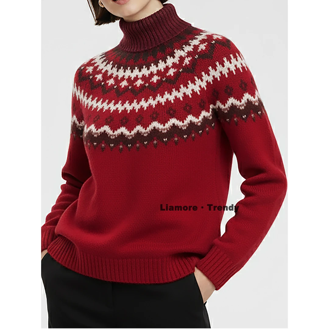 北欧费尔岛提花针织衫女羊毛羊绒半高领圣诞复古撞色穿搭L/P毛衣